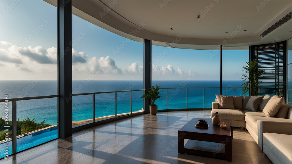 Fototapeta premium Modern apartment with panoramic windows overlooking the blue tropical sea view.