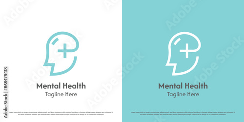 Human mental logo illustration. Line art silhouette of person head plus health care help psychology brain psychiatrist emotional mind knowledge logic medical. Modern minimal simple flat icon symbol.