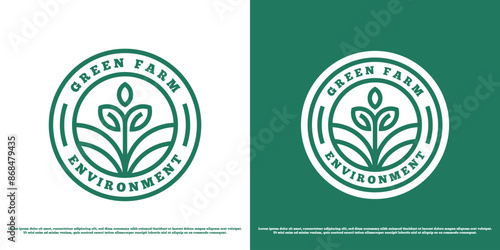 Green garden logo design illustration. Stamp green garden plants nature land leaf foliage evergreen sprout root eco park ground growth outdoor. Modern minimal linear line simple flat icon symbol.
