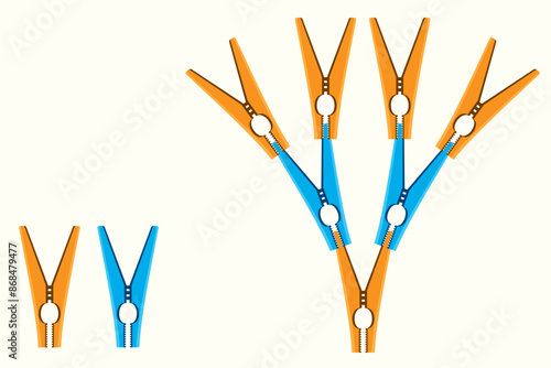 Orange and blue clothespin. Clothes peg. Clothesline hanging peg. Mathematics, geometry, physics question.