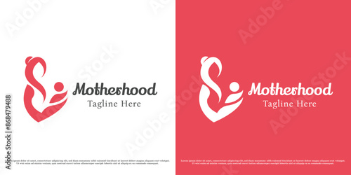 Illustration of a mother holding a baby logo design. Silhouette of mother carrying child affection love feminine care help support emotional happy feeling. Abstract people minimal simple icon symbol.
