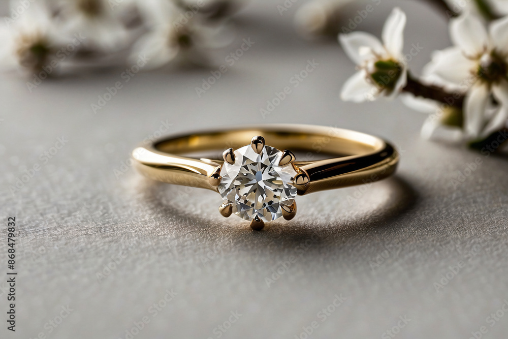an elegant diamond engagement ring with a prominent solitaire, set on a slender gold band. The textured grey background adds a touch of sophistication an elegant diamond engagement ring with a prominent solitaire, set on a slender gold band. The textured grey background adds a touch of sophistication
