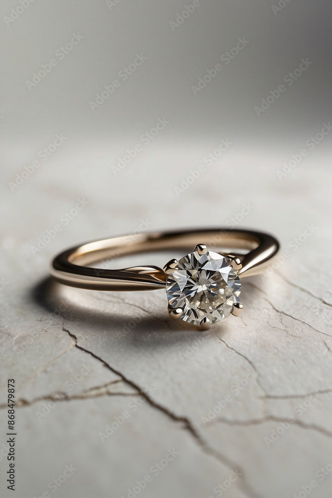 an elegant diamond engagement ring with a prominent solitaire, set on a slender gold band. The textured grey background adds a touch of sophistication an elegant diamond engagement ring with a prominent solitaire, set on a slender gold band. The textured grey background adds a touch of sophistication