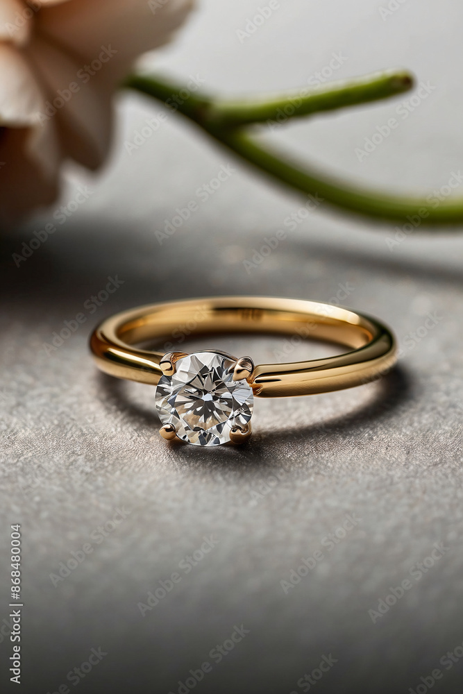 an elegant diamond engagement ring with a prominent solitaire, set on a slender gold band. The textured grey background adds a touch of sophistication an elegant diamond engagement ring with a prominent solitaire, set on a slender gold band. The textured grey background adds a touch of sophistication