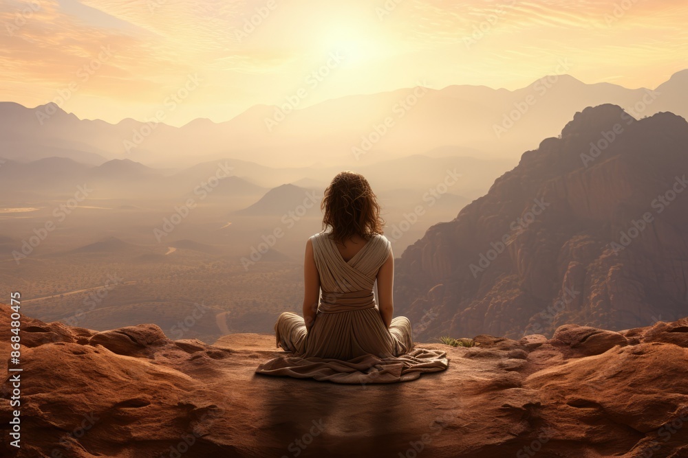 woman meditating in the mountains woman meditating in the mountains