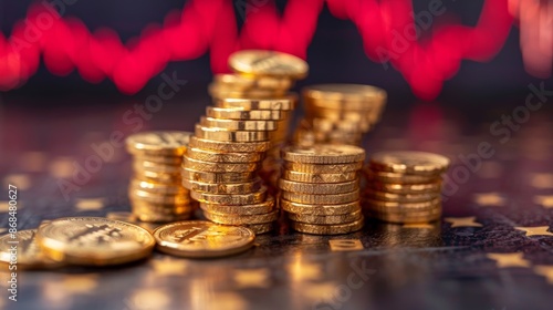 Stacks of gold coins against a backdrop of a red, downward sloping graph, symbolizing financial decline or economic instability. photo