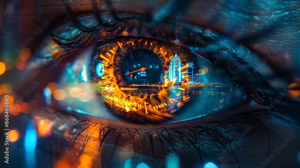 A Close up of a Person's Eye With a City Skyline in the Background - Generative AI A Close up of a Person's Eye With a City Skyline in the Background - Generative AI