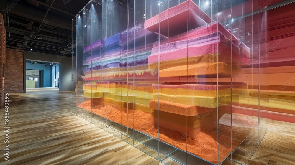 Screen wall made from stacked layers of colored sand encased in clear acrylic, creating a visually stunning and stable structure Screen wall made from stacked layers of colored sand encased in clear acrylic, creating a visually stunning and stable structure