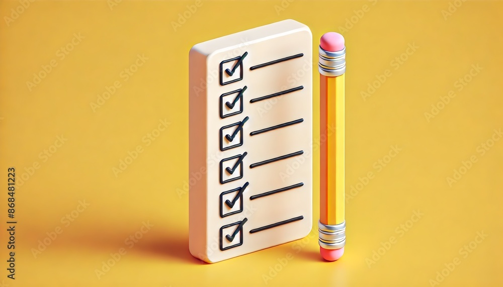 A minimalist illustration featuring a checklist with all items marked and a pencil standing beside it. 