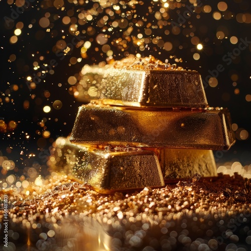 A stack of gold bars on a bed of gold dust, with glittering particles floating in the air.