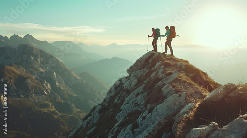 Two hikers helping each other reach the top of a mountain peak at sunset, an epic landscape with mountains and a beautiful sky in the background