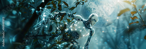 close up, humanoid robot hands holding a ladder climbing down, with forest green trees earth globe, with connect future triangle network lines data flow on dark blue photo