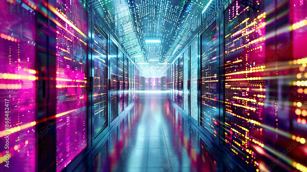 Conceptual 3D image of a bustling data center with rack servers and supercomputers Highlights modern telecommunications artificial intelligence and supercomputer technology Conceptual 3D image of a bustling data center with rack servers and supercomputers Highlights modern telecommunications artificial intelligence and supercomputer technology