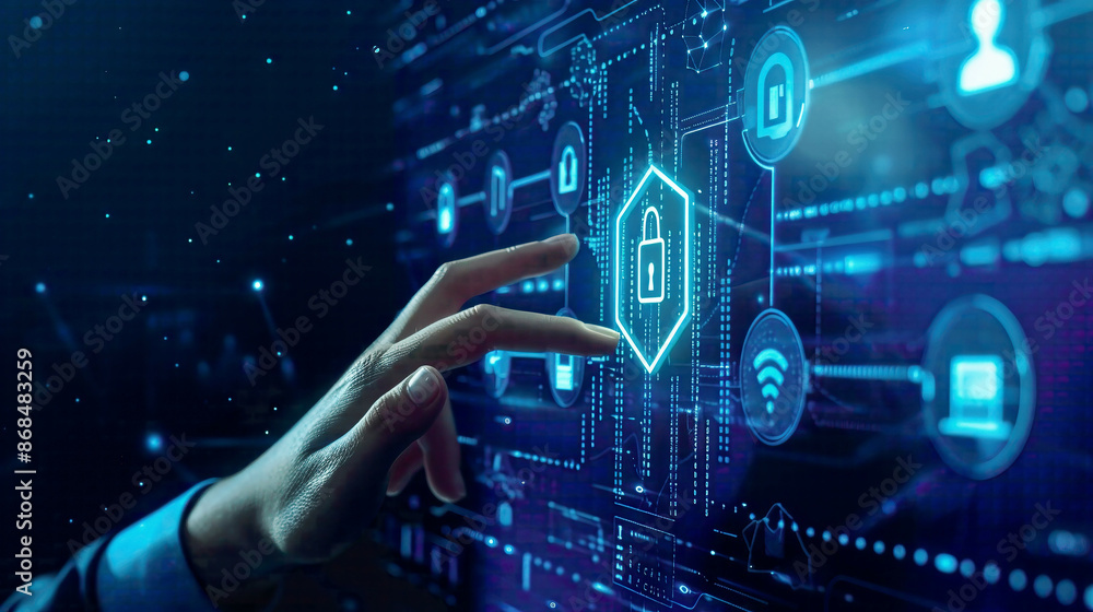 Cyber security and networking concept businessman hand interacting with VR screen padlock icon on mobile laptop and tablet digital blue background Cyber security and networking concept businessman hand interacting with VR screen padlock icon on mobile laptop and tablet digital blue background