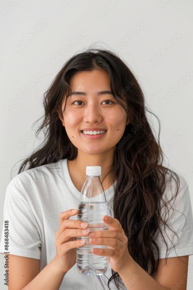Smiling asian woman with long hair holding a water bottle, dressed in a white t-shirt against a plain background. Smiling asian woman with long hair holding a water bottle, dressed in a white t-shirt against a plain background.