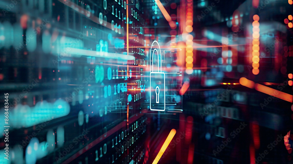 Cyber security concept and internet privacy data protection illustrated in a modern setting featuring a padlock symbol representing the protection of business and financial data Cyber security concept and internet privacy data protection illustrated in a modern setting featuring a padlock symbol representing the protection of business and financial data