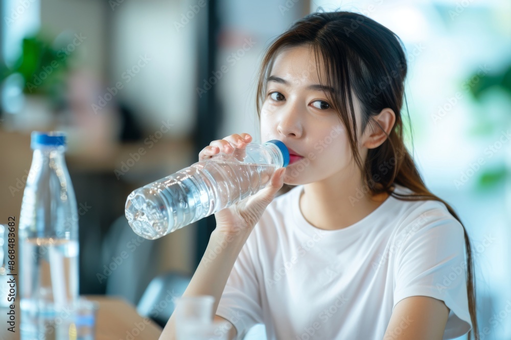 Young asian woman in a white shirt drinking water from a bottle, sitting by a window with natural sunlight. Young asian woman in a white shirt drinking water from a bottle, sitting by a window with natural sunlight.
