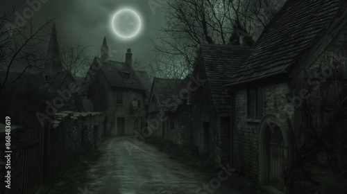 Sackgasse mit düsteren mittelalterlichen Häusern bei Nacht mit Vollmond photo