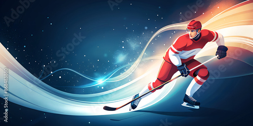 Colourful illustration of hockey player runs with a stick