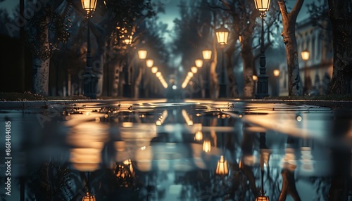 rain street with light reflecting from the rain water abstract background of the street with street lamps glowing and shinning 