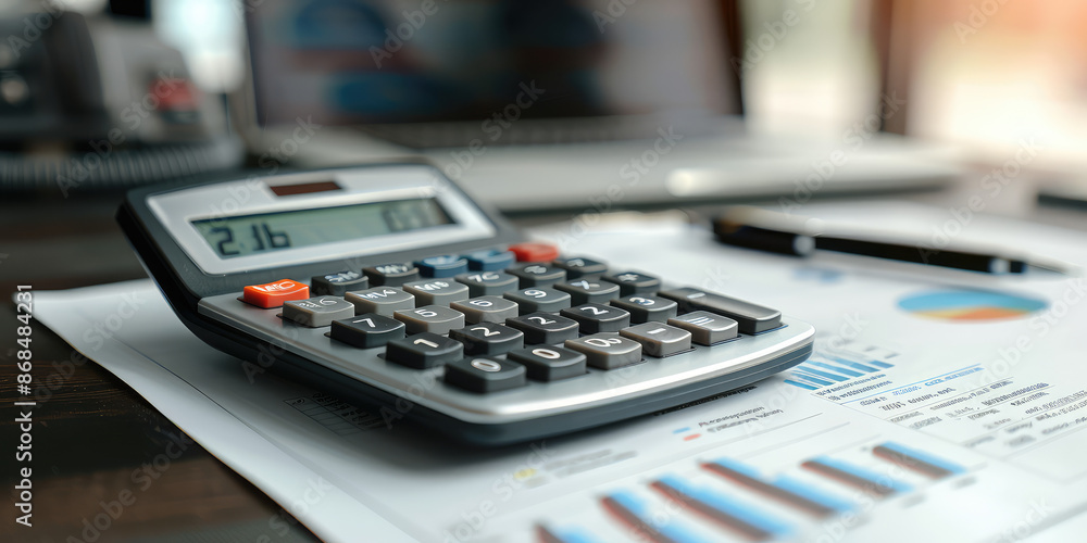 Calculator and financial documents on a office desk workplace, business and analytics concept Calculator and financial documents on a office desk workplace, business and analytics concept