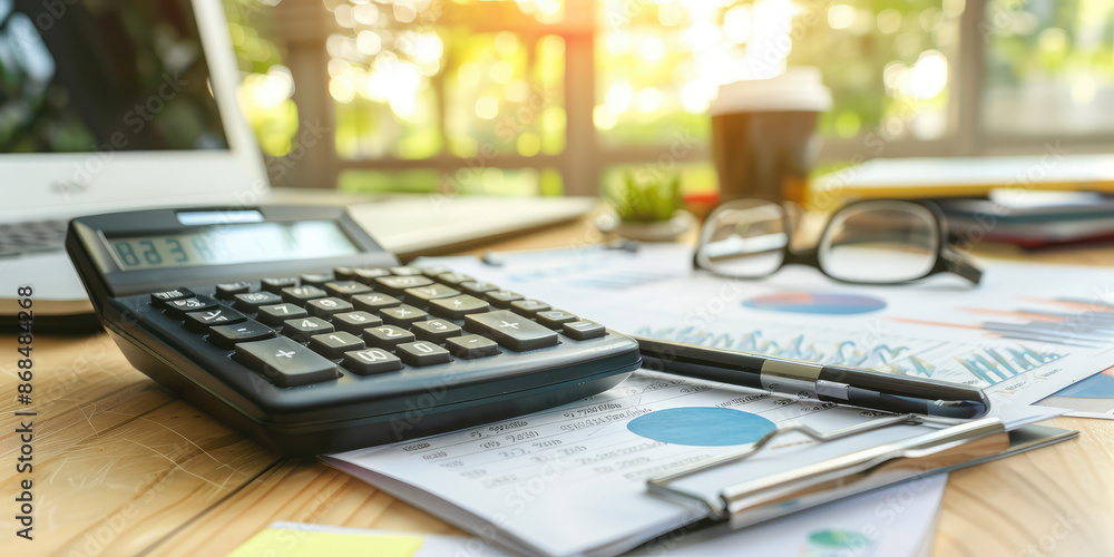 Calculator and financial documents on a office desk workplace, business and analytics concept Calculator and financial documents on a office desk workplace, business and analytics concept