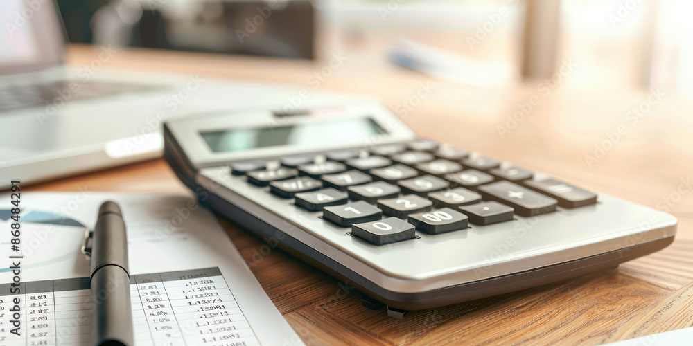Calculator and financial documents on a office desk workplace, business and analytics concept Calculator and financial documents on a office desk workplace, business and analytics concept