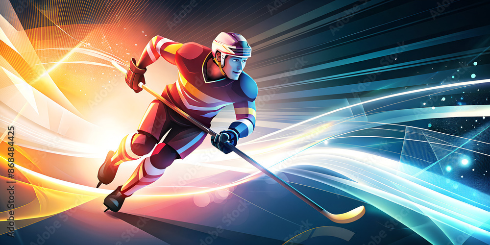 Obraz premium Dynamic colourful illustration of hockey player runs with a stick
