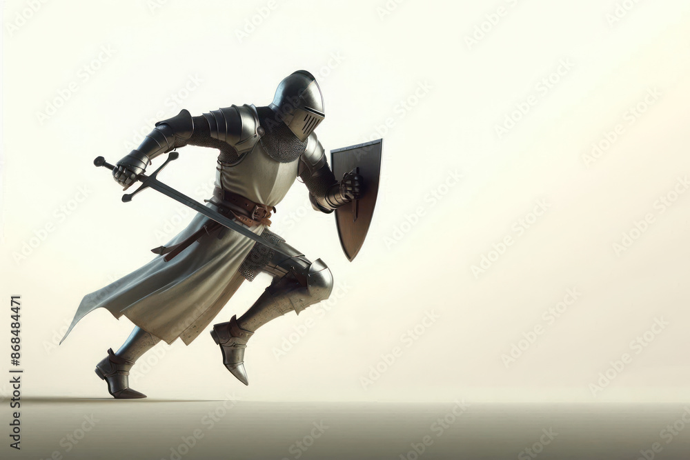 A knight in armor running to attack. Space for text. A knight in armor running to attack. Space for text.