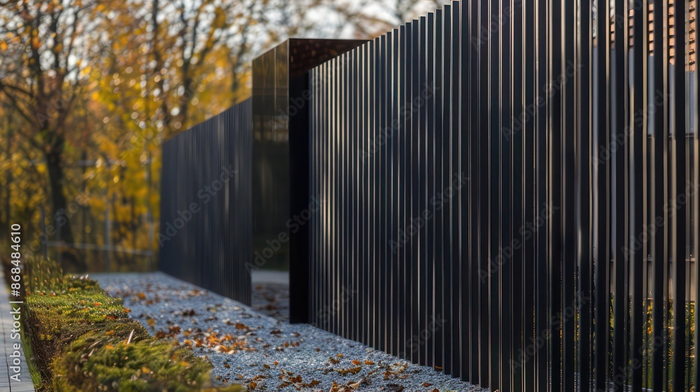 Screen wall that incorporates vertical metal rods, creating a modern, minimalist privacy fence Screen wall that incorporates vertical metal rods, creating a modern, minimalist privacy fence