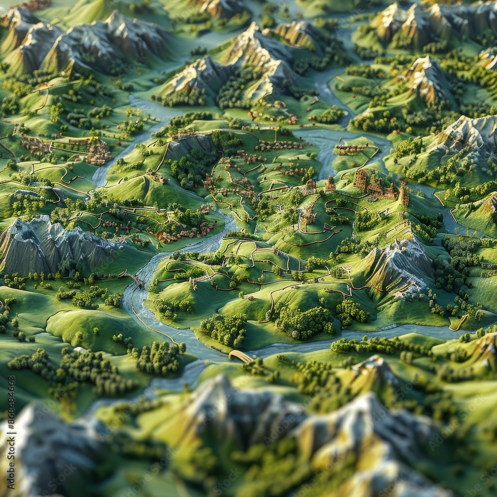 A beautifully rendered 3D landscape featuring winding rivers, lush forests, and majestic mountains under clear skies. A beautifully rendered 3D landscape featuring winding rivers, lush forests, and majestic mountains under clear skies.
