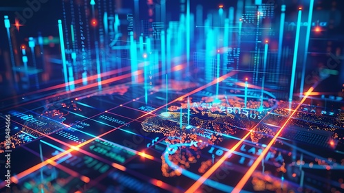 A financial graph on a global map with a digital overlay showing economic data, real photo, stock photography, high-tech futuristic feel © SA Studio