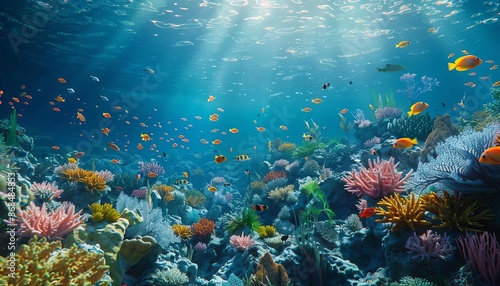 Vibrant underwater coral reef scene with colorful fish and marine life, illuminated by sunlight filtering through crystal-clear waters. © AlexCaelus