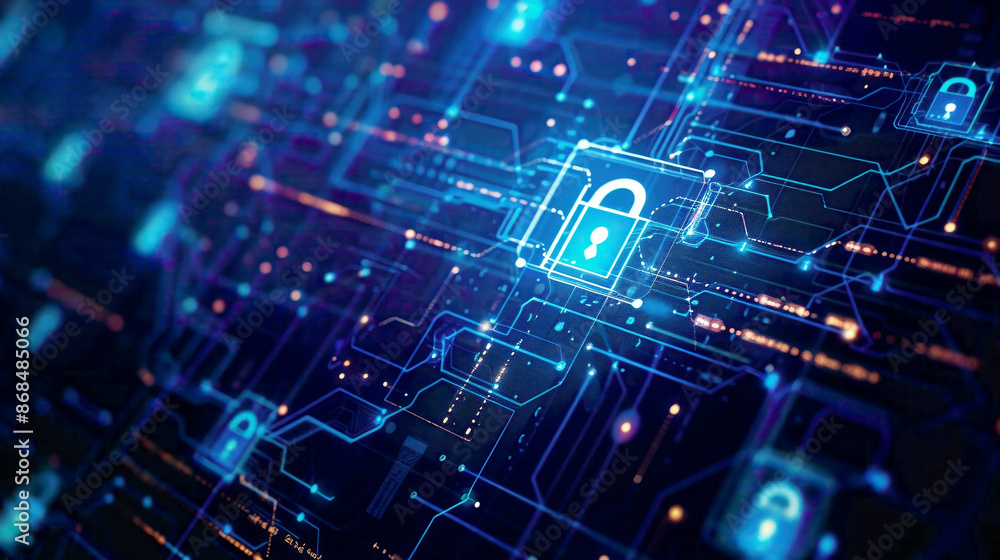 Digital representation of cyber security and data protection business technology and privacy theme security icon on a virtual display with lock symbols and network connections Digital representation of cyber security and data protection business technology and privacy theme security icon on a virtual display with lock symbols and network connections