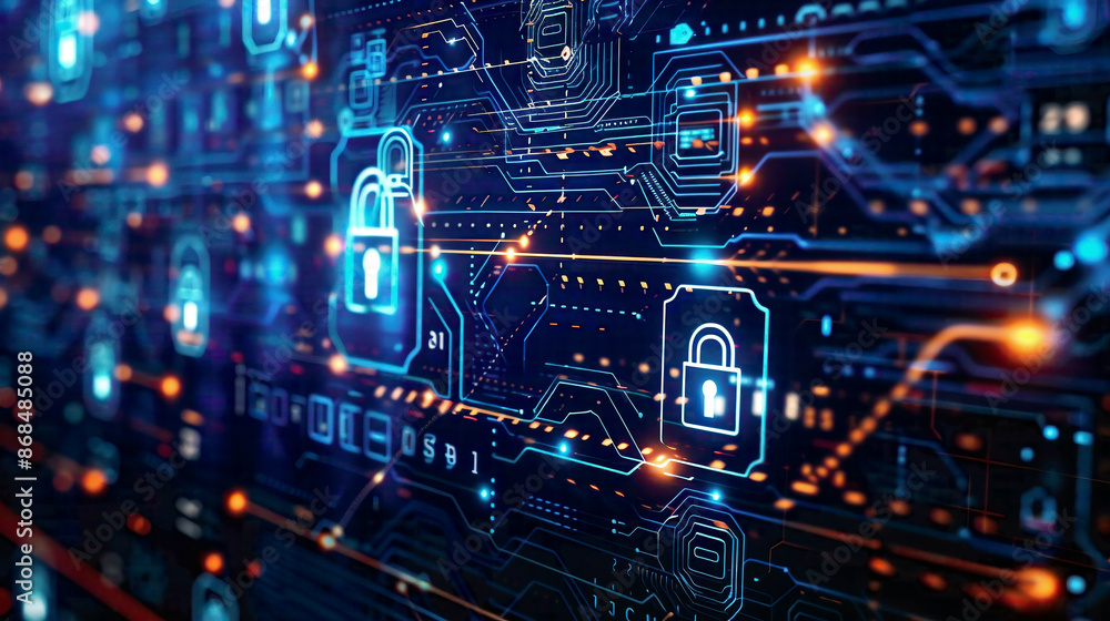 Digital representation of cyber security data protection and business technology privacy elements with lock icons Digital representation of cyber security data protection and business technology privacy elements with lock icons