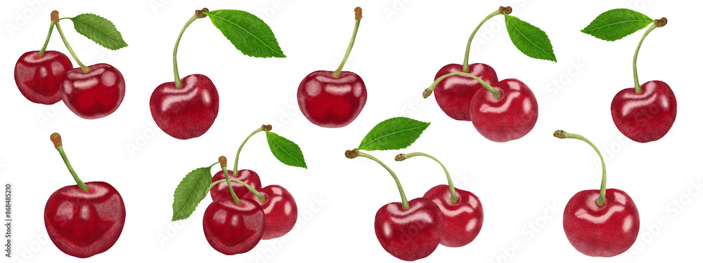 collection of illustration cherry isolated, group of painting cherry. collection of illustration cherry isolated, group of painting cherry.