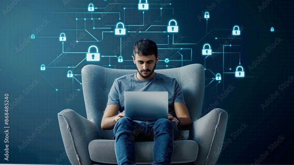 Digital security concept man in a gray chair working on a laptop surrounded by lock symbols and network connections sleek blue background Digital security concept man in a gray chair working on a laptop surrounded by lock symbols and network connections sleek blue background