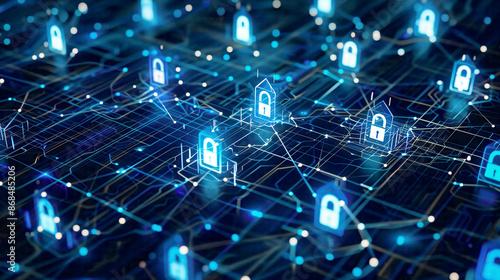 Digital representation of technology and cyber security lock symbols with interconnected network points on a dark blue background 