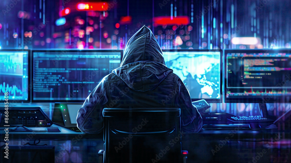Dramatic depiction of a computer hacker wearing a hoodie illuminated by the glow of multiple screens conveying a sense of cyber security threat Dramatic depiction of a computer hacker wearing a hoodie illuminated by the glow of multiple screens conveying a sense of cyber security threat