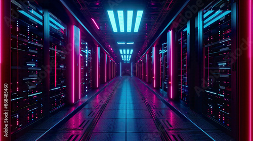 Dynamic data center: Rows of server racks modern tech like telecommunications cloud computing AI database Dark backdrop illuminated by neon blue pink lights Futuristic atmosphere 