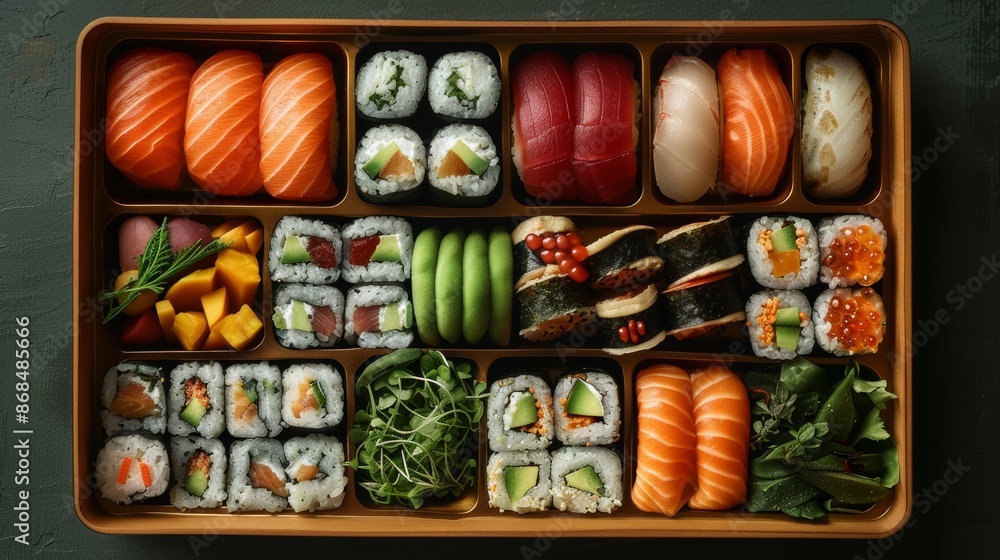 Fototapeta premium Sets of rolls and Sushi, delicious healthy Asian Food