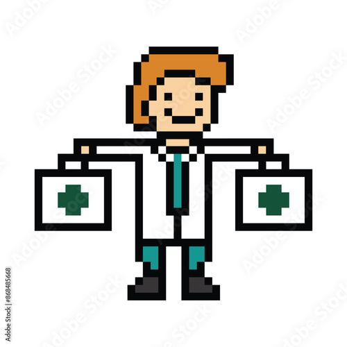 Cute pixel cartoon 8bit character man doctor or scientist game care for decoration pharmacist male doctor in hospital 8 bit male pixel art vector.
