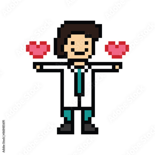 Cute pixel cartoon 8bit character man doctor or scientist game care for decoration pharmacist male doctor in hospital 8 bit male pixel art vector.