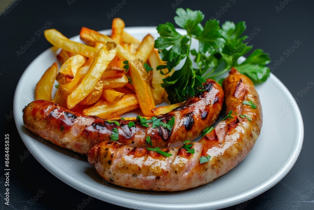Grilled sausages and French fries Grilled sausages and French fries