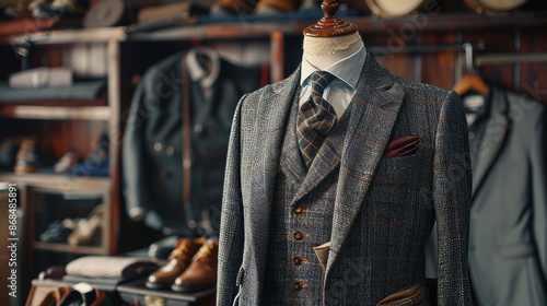 A skilled male tailor crafts a sophisticated business or wedding suit in a luxurious designer atelier. The mannequin displays a custom shirt, tie, and jacket, highlighting fashion and artisanal crafts photo