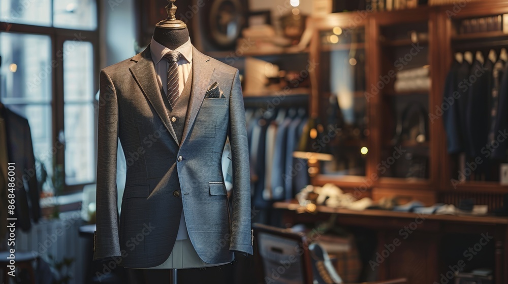 A skilled male tailor crafts a sophisticated business or wedding suit in a luxurious designer atelier. The mannequin displays a custom shirt, tie, and jacket, highlighting fashion and artisanal crafts A skilled male tailor crafts a sophisticated business or wedding suit in a luxurious designer atelier. The mannequin displays a custom shirt, tie, and jacket, highlighting fashion and artisanal crafts