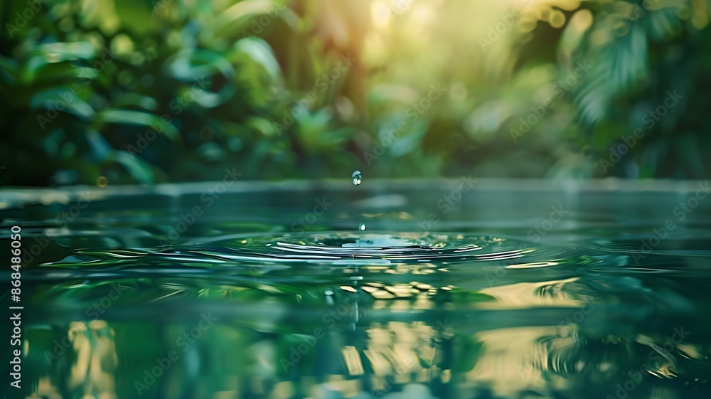 A serene water drop captured in mid-air above a crystal clear pool, with a backdrop of lush greenery, perfect stillness and clarity A serene water drop captured in mid-air above a crystal clear pool, with a backdrop of lush greenery, perfect stillness and clarity