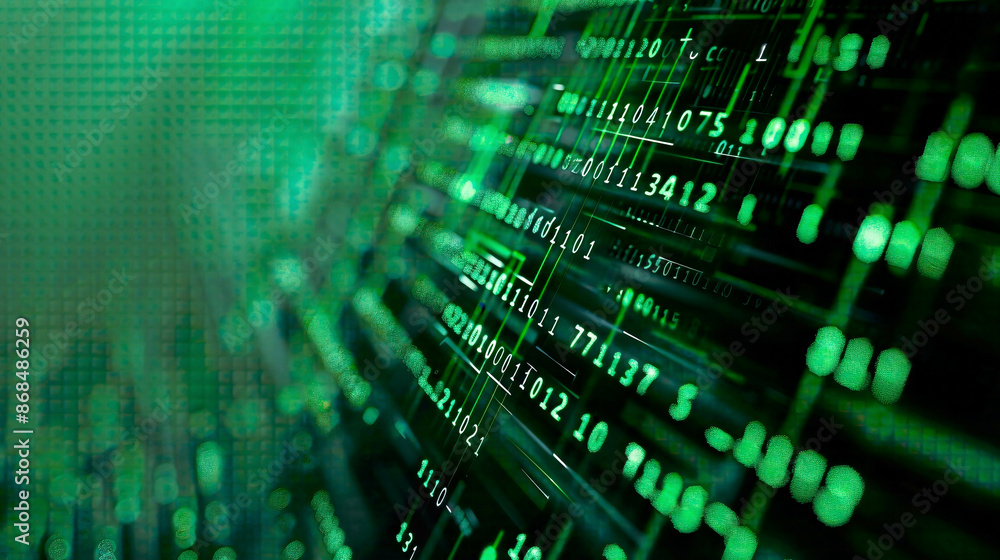 Green binary matrix background featuring cascading numbers and a digital grid giving a high-tech and futuristic feel Green binary matrix background featuring cascading numbers and a digital grid giving a high-tech and futuristic feel
