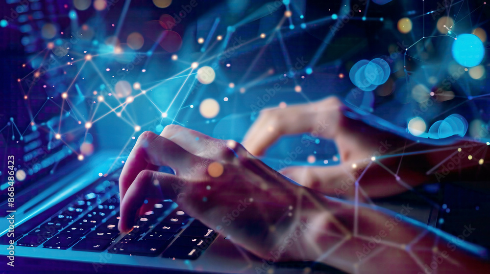 Hand entering password on laptop login screen cyber security and data protection concept digital locks and network security high-tech blue background Hand entering password on laptop login screen cyber security and data protection concept digital locks and network security high-tech blue background