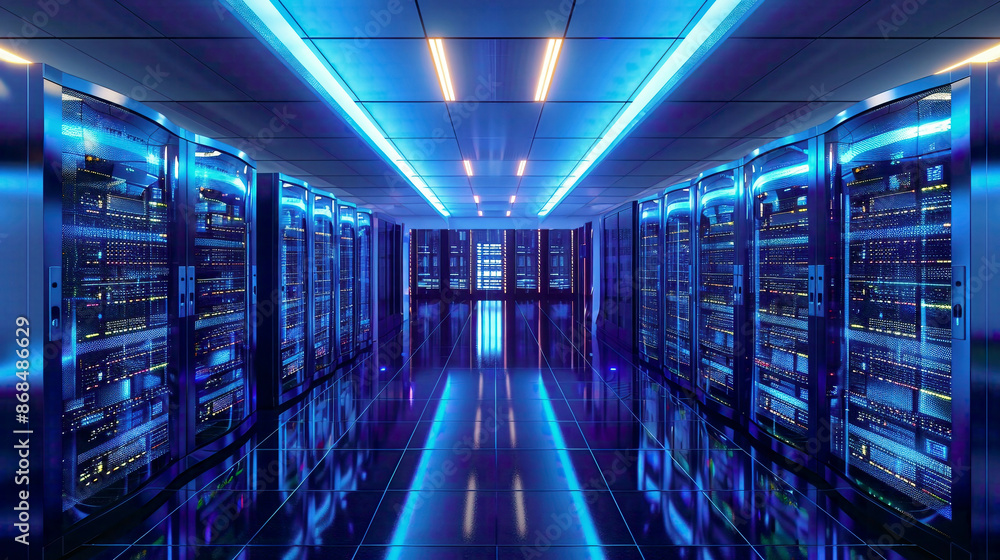 High-tech data center with rack servers and supercomputers 3D rendering illustrating telecommunications and artificial intelligence concepts modern supercomputer technology High-tech data center with rack servers and supercomputers 3D rendering illustrating telecommunications and artificial intelligence concepts modern supercomputer technology